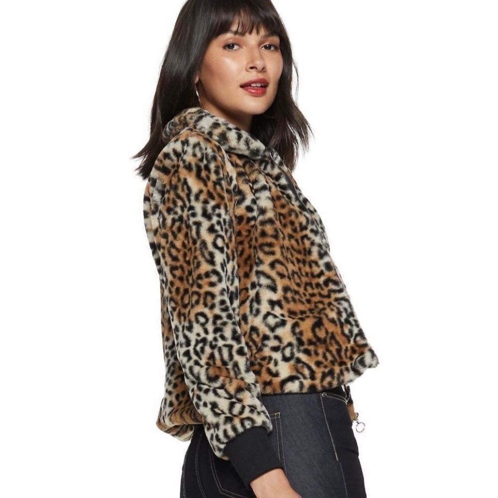 Nine West Leopard Print Faux Fur Teddy Jacket - Brown, Black, Cream